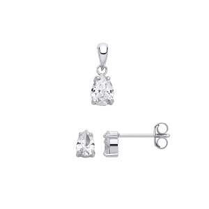 Silver CZ Pear Drop Stud Earring & Pendant Set