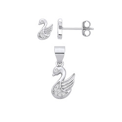Silver CZ Swan Earrings & Pendant Set