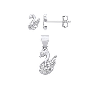 Silver CZ Swan Earrings & Pendant Set