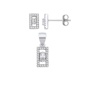 Silver CZ Rectangle Earrings & Pendant Set