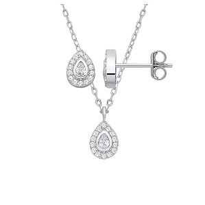 Silver CZ Tear Drop Earrings & Pendant Set