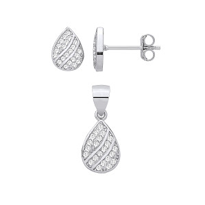 Silver CZ Tear Drop Earrings & Pendant Set