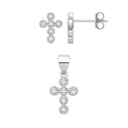 Silver CZ Cross Earrings & Pendant Set