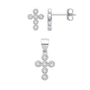 Silver CZ Cross Earrings & Pendant Set