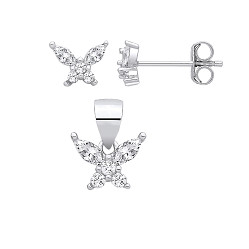 Silver CZ Butterfly Earrings & Pendant Set