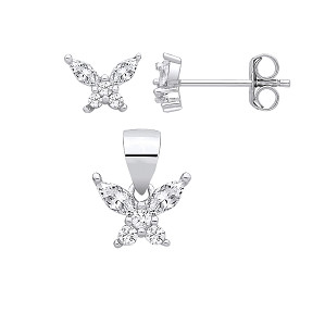 Silver CZ Butterfly Earrings & Pendant Set
