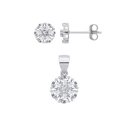Silver CZ Flower Earrings & Pendant Set