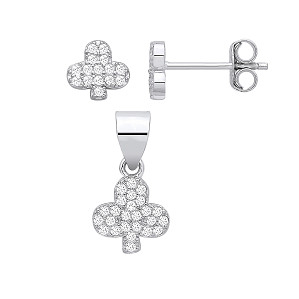 Silver CZ Clover Earrings & Pendant Set