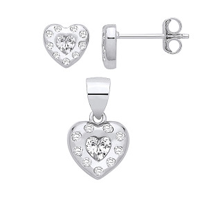 Silver CZ Heart Earrings & Pendant Set
