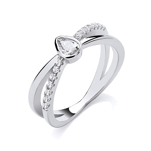Silver CZ Pear Drop Crossover Ring