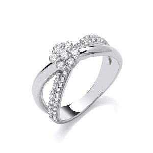 Silver CZ Flower Crossover Ring