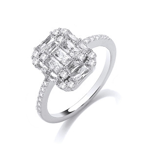 Silver CZ Emerald-Cut Fancy Ring