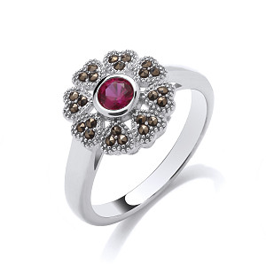 Silver CZ  & Ruby Flower Ring