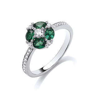 Silver CZ & Emerald Flower Ring