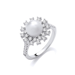 Silver CZ & Pearl Cluster Ring