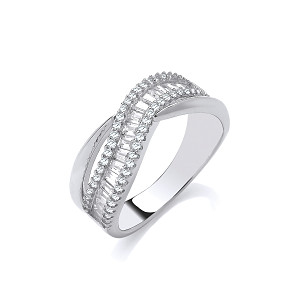 Silver CZ Round & Baguette Crossover Ring