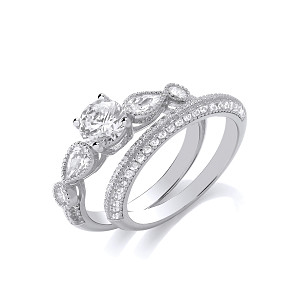 Silver CZ Round & Pear Cut Wedding Ring Set