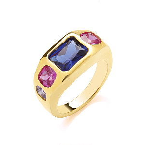 Gold Plated Sapphire, Pink & Amethyst Gypsy Ring