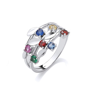 Silver CZ Multi Colour Leaf Ring