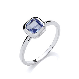 Silver CZ Blue Tourmaline Square Ring