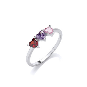 Silver CZ Garnet, Amethyst & Pink Triple Heart Ring