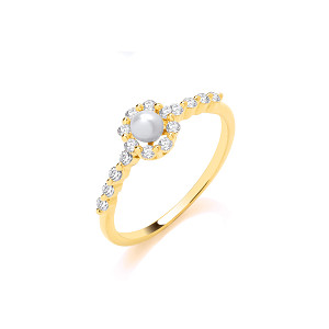 18K Gold Plated CZ & Fresh Water Pearl Flower Ring