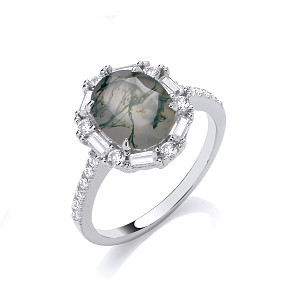 Silver CZ & Moss Agate Cluster Ring