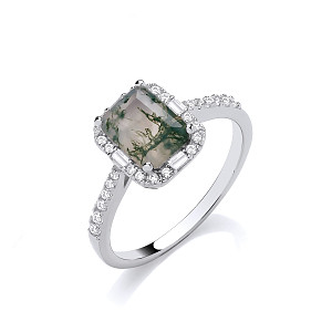 Silver CZ & Moss Agate Emerald Cut Ring