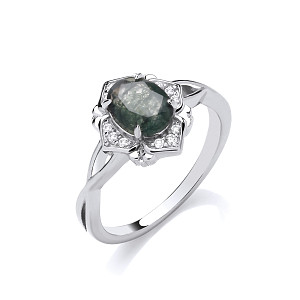 Silver CZ & Moss Agate Oval Cut Cluster Ring