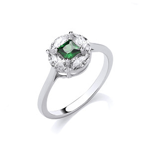 Silver CZ & Emerald Fancy Solitaire Ring