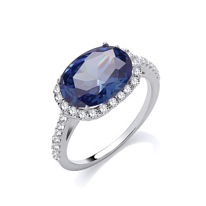 Silver CZ & Blue Topaz Oval Cut Ring