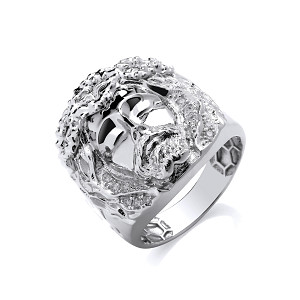 Silver Gents CZ Jesus Head Ring With Cross Engraved Shoulders