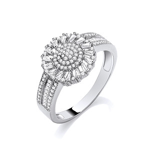 Silver CZ Baguette & Round Moissanite Ring