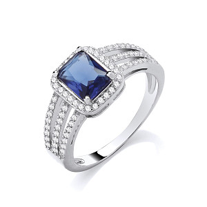 Silver CZ & Sapphire Halo Split Shank Ring