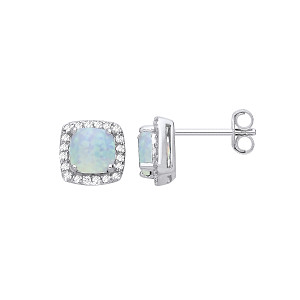 925 Sterling Silver Cubic Zirconia Opal Princess Cut Stud Earrings