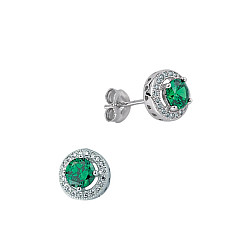 925 Sterling Silver CZ Round Emerald Studs With Micropavé Surroundings