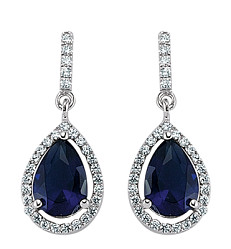 925 Sterling Silver CZ Sapphire MicroPave Border Pear Shape Drop Earrings