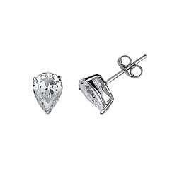 925 Sterling Silver CZ Single Stone Claw Set Pear Stud Earrings