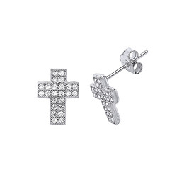 925 Sterling Silver CZ Pave Set Cross Studs