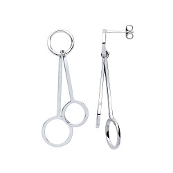 925 Sterling Silver Line & Double Circle Fancy Drop Earrings