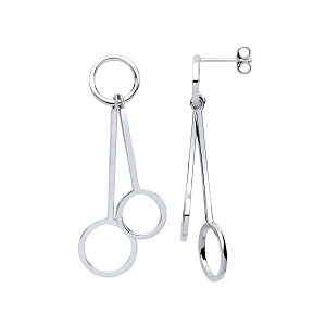 925 Sterling Silver Line & Double Circle Fancy Drop Earrings