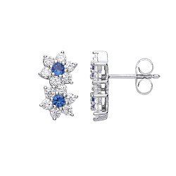 925 Sterling Silver CZ & Sapphire Double Flower Stud Earrings