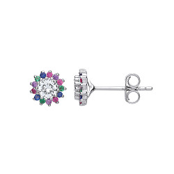 925 Sterling Silver Multi Colour CZ Cluster CZ Earrings