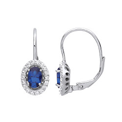 925 Sterling Silver CZ & Sapphire Halo Oval Drop Earrings