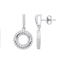 Silver CZ Cutout Circle Fancy Drop Earrings
