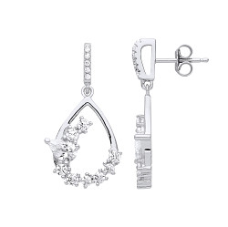 Silver CZ Asymmetrical Cutout Teardrop Drop Earrings