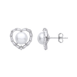 Silver CZ & Pearl Heart Flower Stud Earrings
