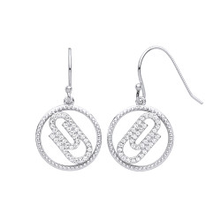 Silver CZ Paperclip Circle Drop Earrings