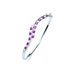 Silver White CZ & Ruby Alternate Stones Twist Bangle