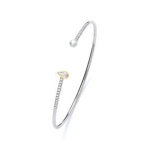 Silver CZ & Fresh Water Pearl 4-4.5mm Open Bangle